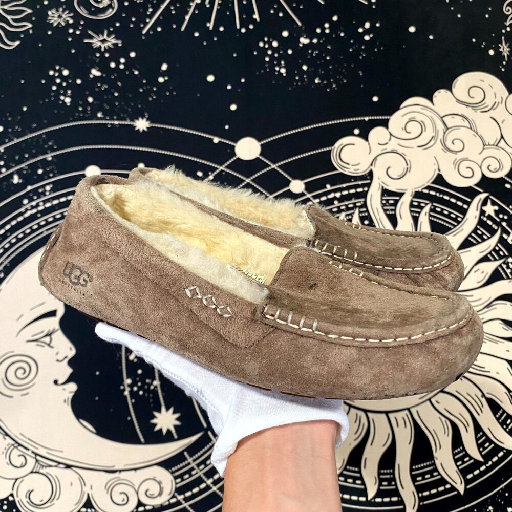 UGG Slipper Women 7 Brown Suede Wool Lined Moccasin Loafer Sheepskin Cottage
